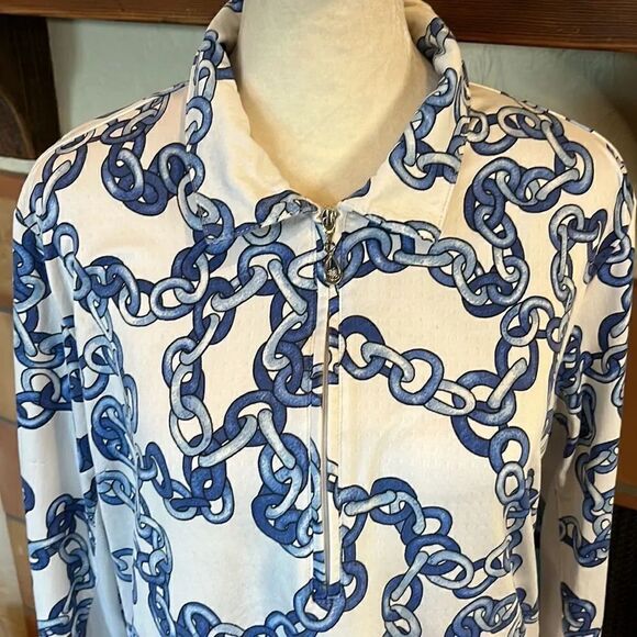 SanSoleil blue and white chainlink UPF 50+ sun protection 1/4 zip top, L! - Picture 2 of 10